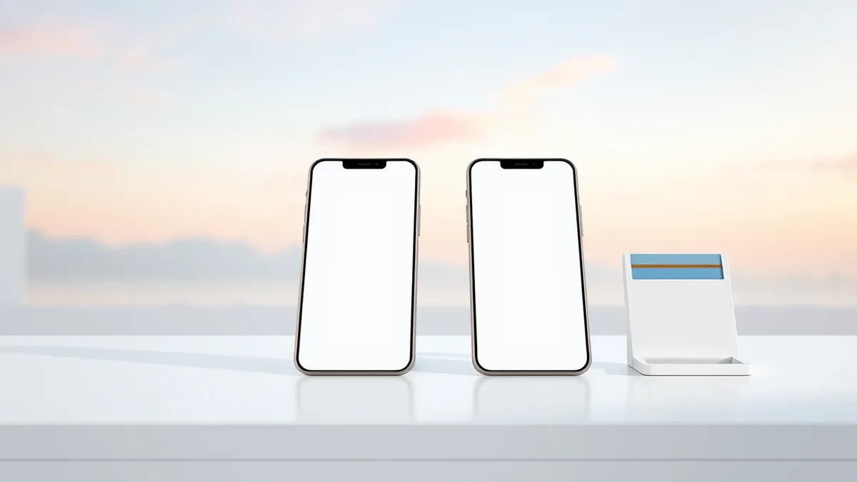 Illustration: A pair of identical silver smartphones rests side by side on a clean white retail counter.