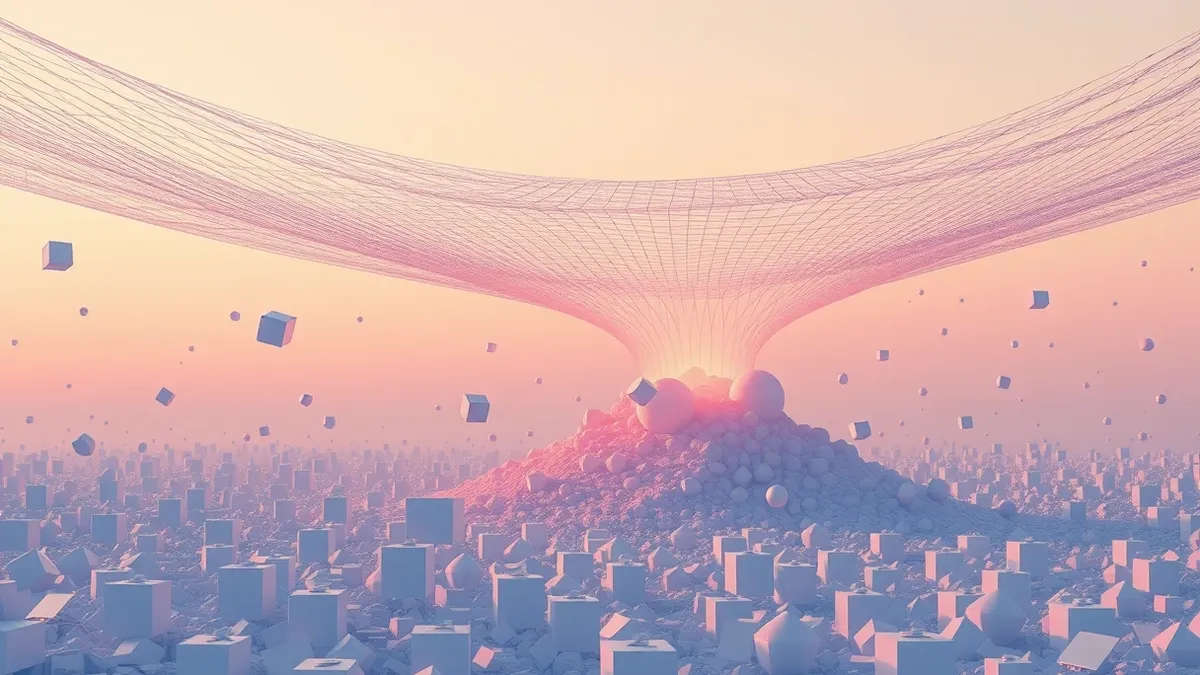 Illustration: A massive, translucent digital net sweeps over a sprawling, abstract landscape of floating geometric shapes.