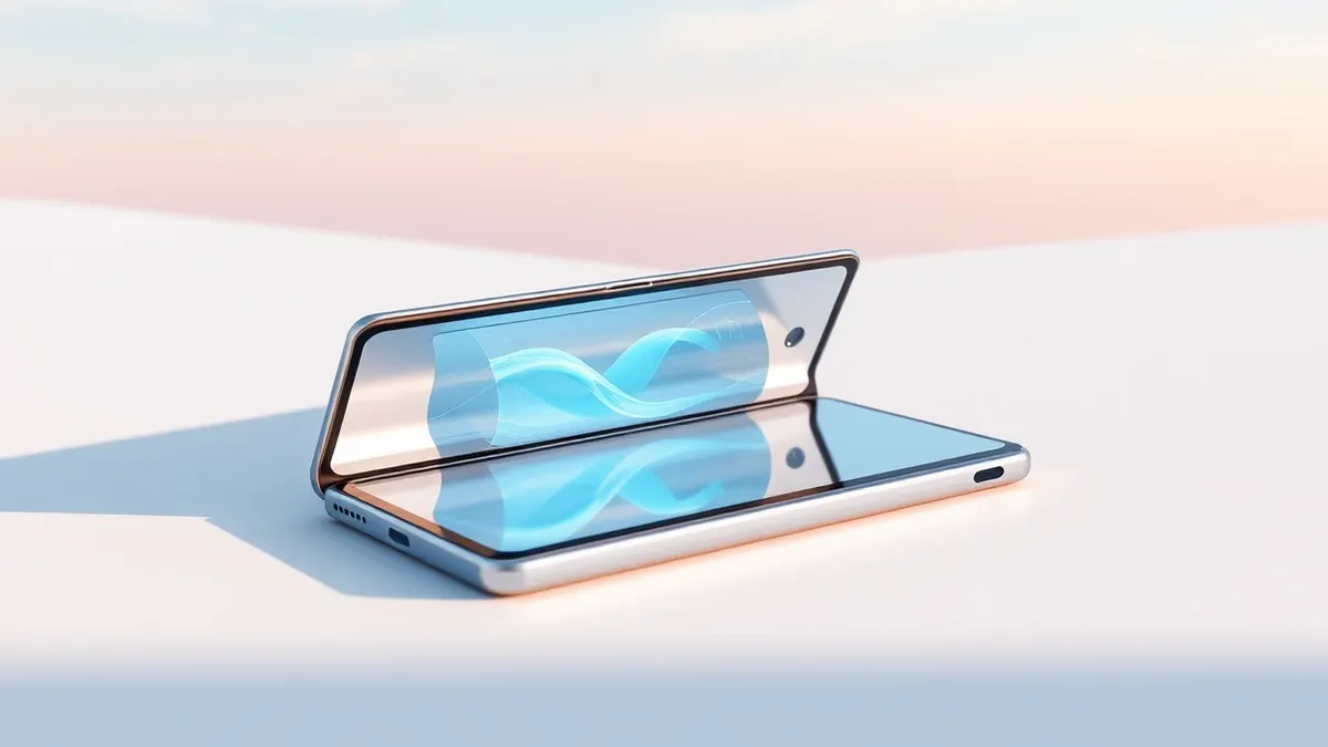 Illustration: A sleek silver foldable smartphone lies open on a clean white surface, revealing its internal battery structure through a transparent casing.