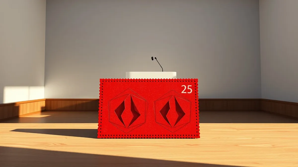 Illustration: A stark white government podium stands in a dim hall, casting a long shadow.