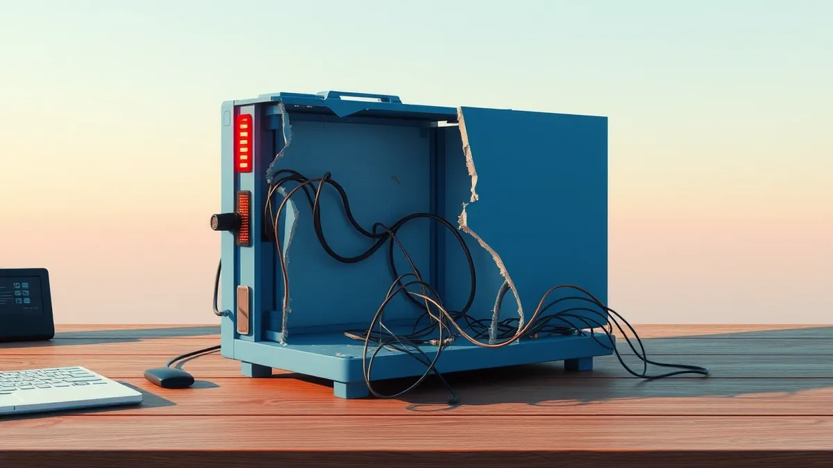 Illustration: A cracked blue software box sits open on a wooden desk, its internal components exposed to reveal tangled, frayed wires spilling out.