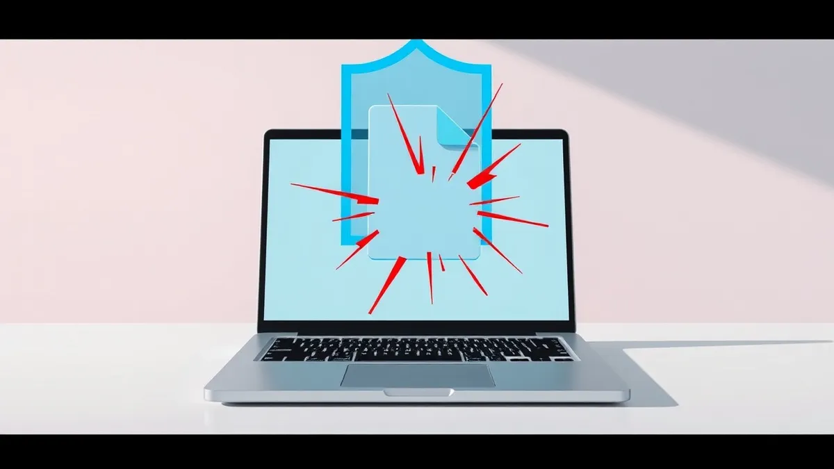 Illustration: A sleek silver laptop sits on a clean white desk, its screen displaying a blank image file icon.