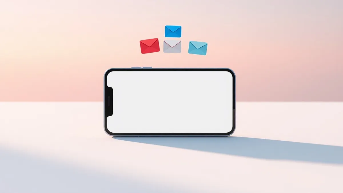 Illustration: A smartphone rests on a clean white surface, displaying a simplified mail application interface with four distinct, colorful abstract icons floating above the blank s