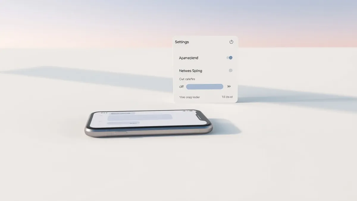 Illustration: A sleek smartphone rests on a clean white desk, displaying a messaging app interface with blank chat bubbles.