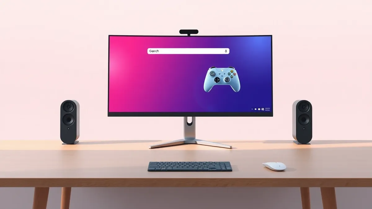 Illustration: A sleek desktop monitor sits on a clean wooden desk, displaying a crisp operating system interface with a prominent search bar and a vibrant gaming controller icon.