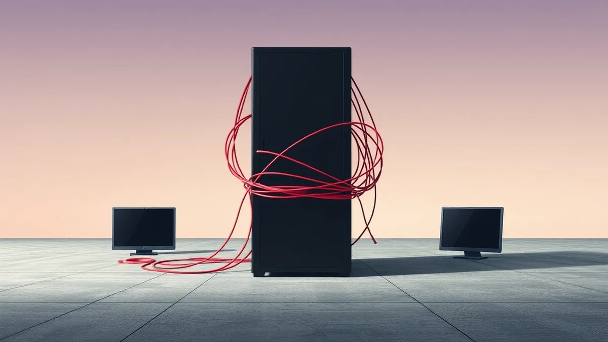 Illustration: A sleek black server tower sits isolated on a concrete floor.