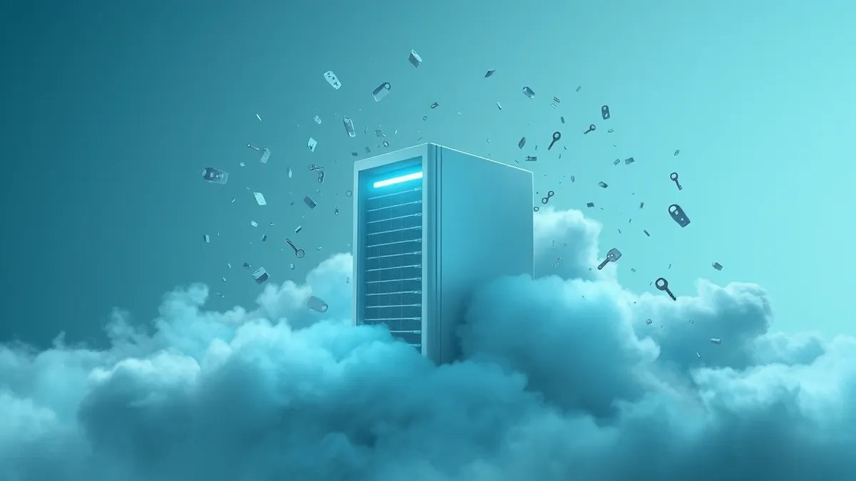 Illustration: A sleek white server node glows with soft blue light inside a dark abstract network cloud.