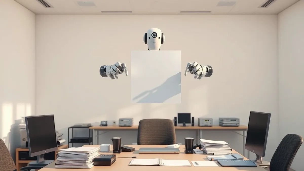 Illustration: A sleek, white autonomous robot arm hovers over a cluttered office desk.