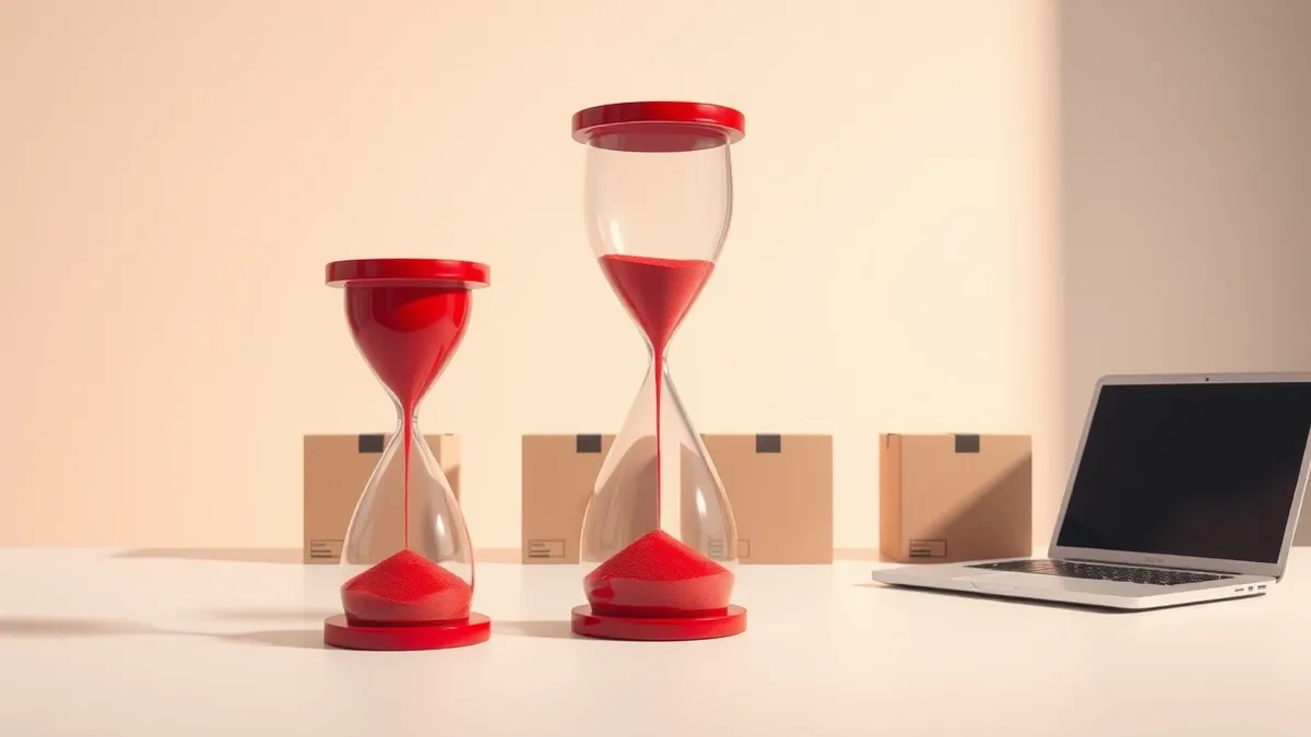 Illustration: A glowing red hourglass sits on a clean desk, sand trickling slowly from the top bulb to the bottom.
