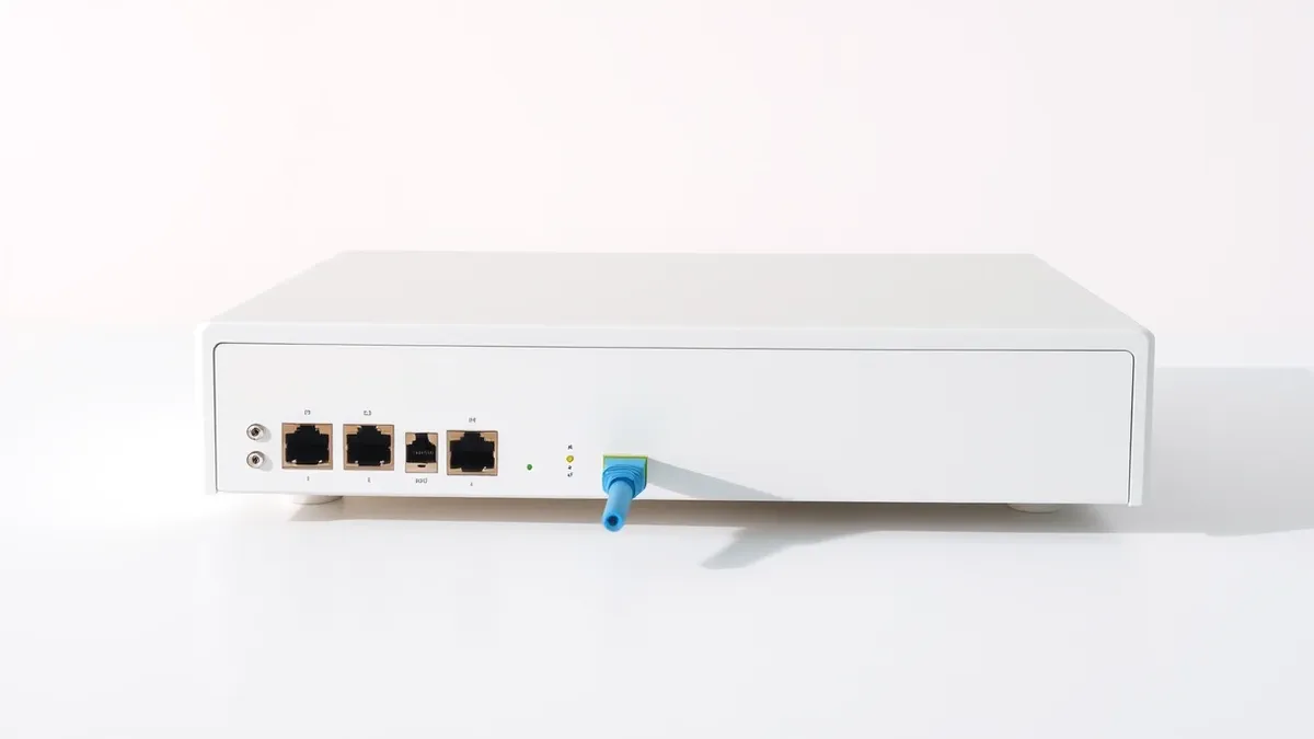 Illustration: A sleek white network switch sits on a clean white surface.