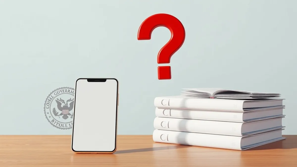 Illustration: A blank smartphone sits on a wooden desk next to an official government seal and a stack of empty white folders.