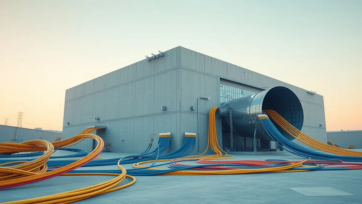 Illustration: A massive, windowless industrial building stands under a bright sky.