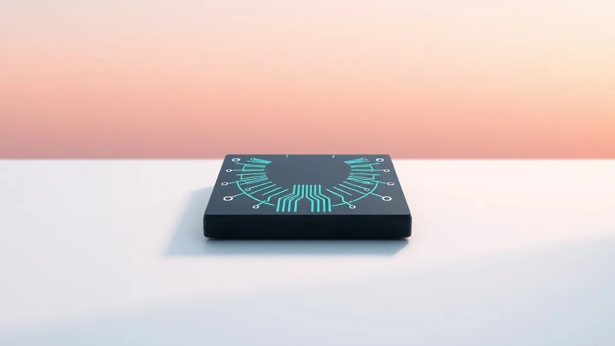 Illustration: A sleek, matte-black microchip rests on a clean white table, its surface reflecting soft overhead light.