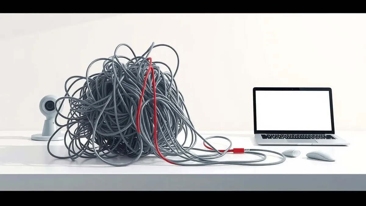 Illustration: A tangled knot of gray wires sits on a sterile white desk, with a single bright red thread pulled taut and isolated from the rest.