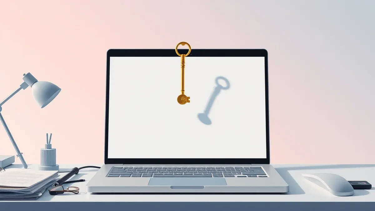 Illustration: A sleek, modern laptop sits on a cluttered desk with a blank screen displaying abstract geometric shapes.