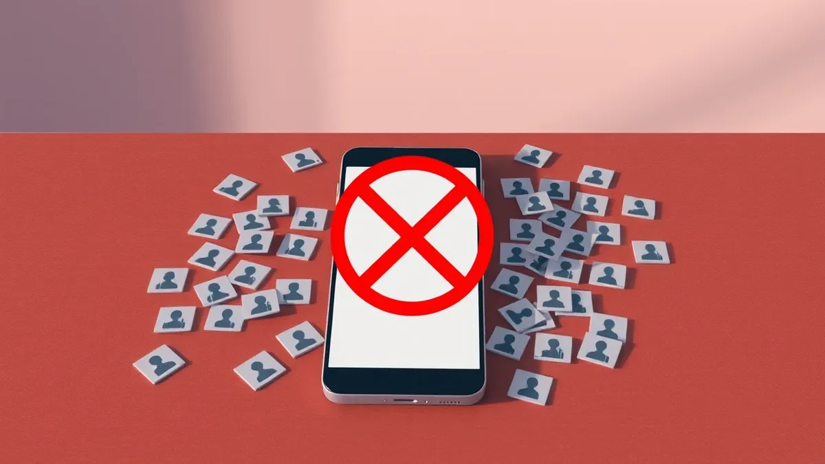 Illustration: A blank smartphone rests on a wooden table, surrounded by scattered digital profile cards that form a fragmented mosaic.