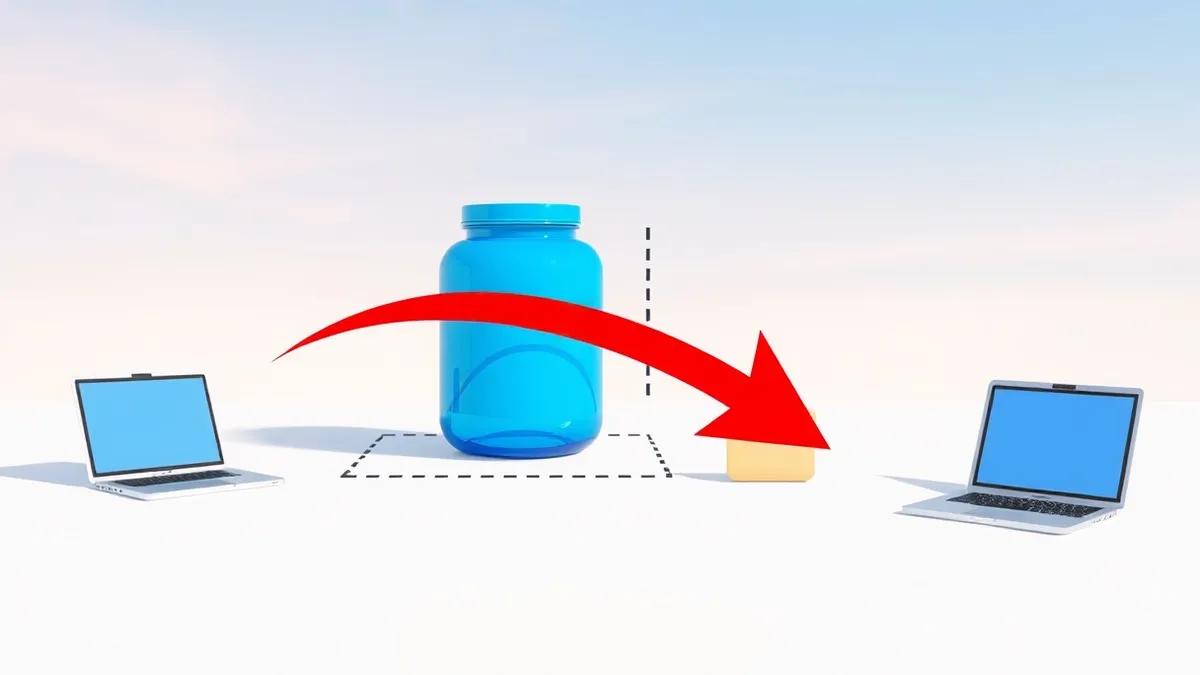 Illustration: A stylized blue jar icon representing the software sits centered on a clean white surface, while a jagged red arrow breaks through a dotted boundary line to point agg