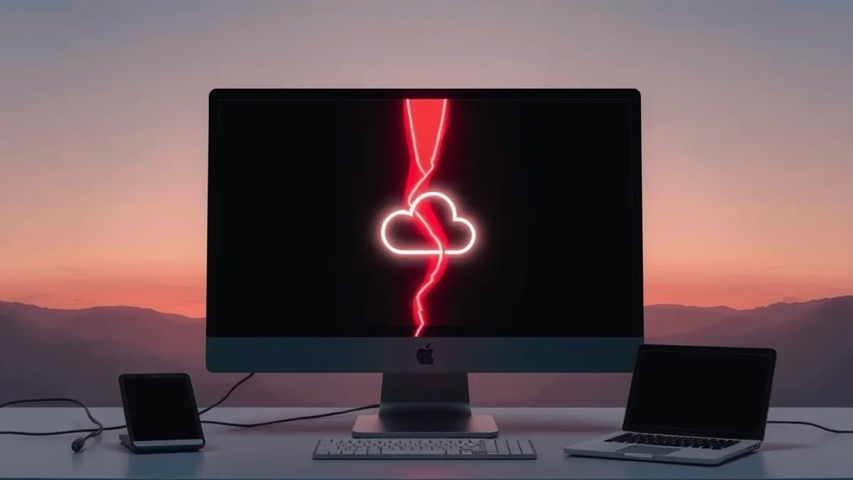 Illustration: A blank computer screen displays tangled lines of abstract code against a dark background.