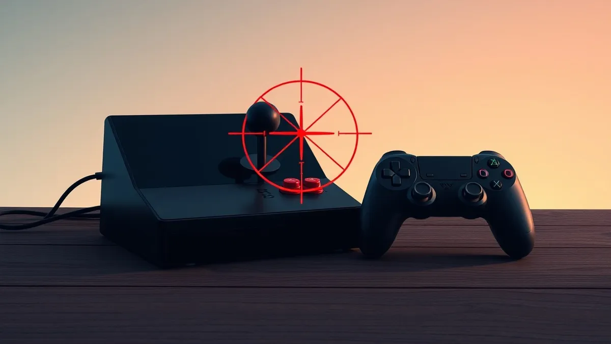 Illustration: A sleek black arcade stick sits on a wooden table next to a modern game controller.