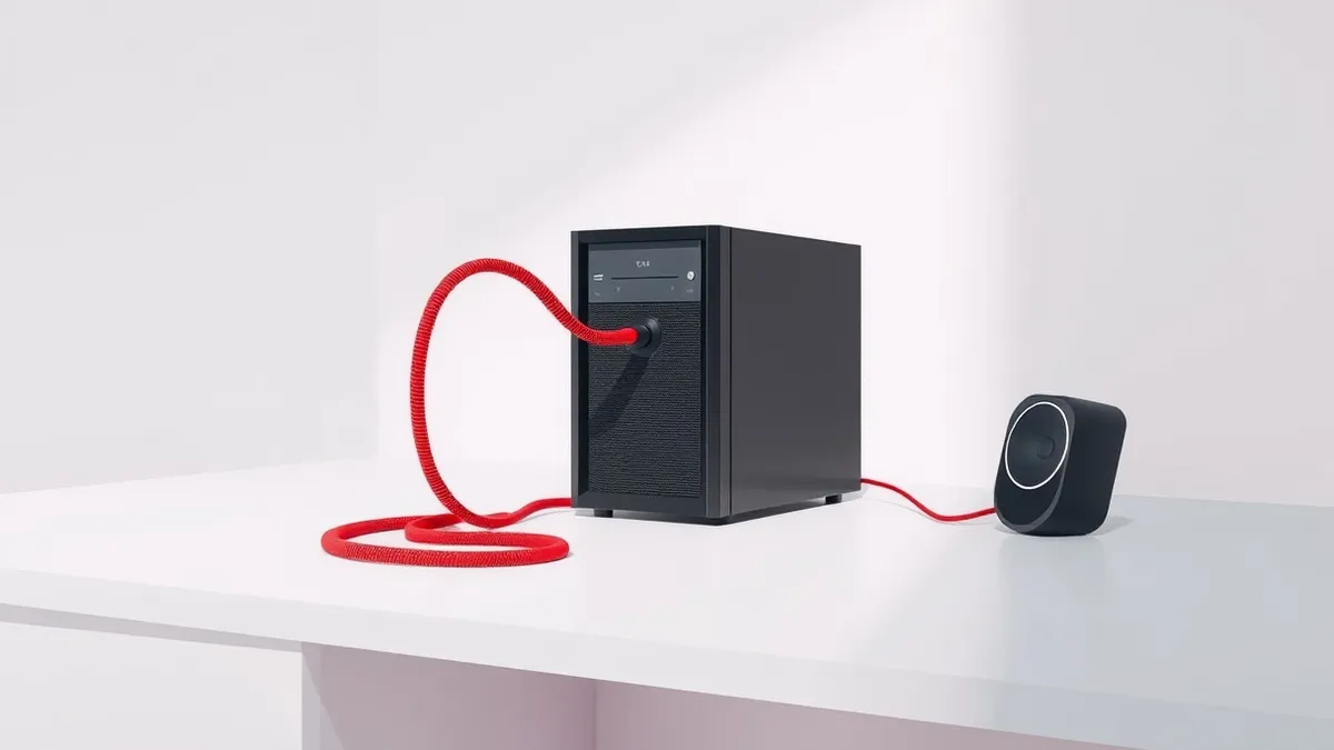 Illustration: A sleek black server unit sits isolated on a clean white desk.