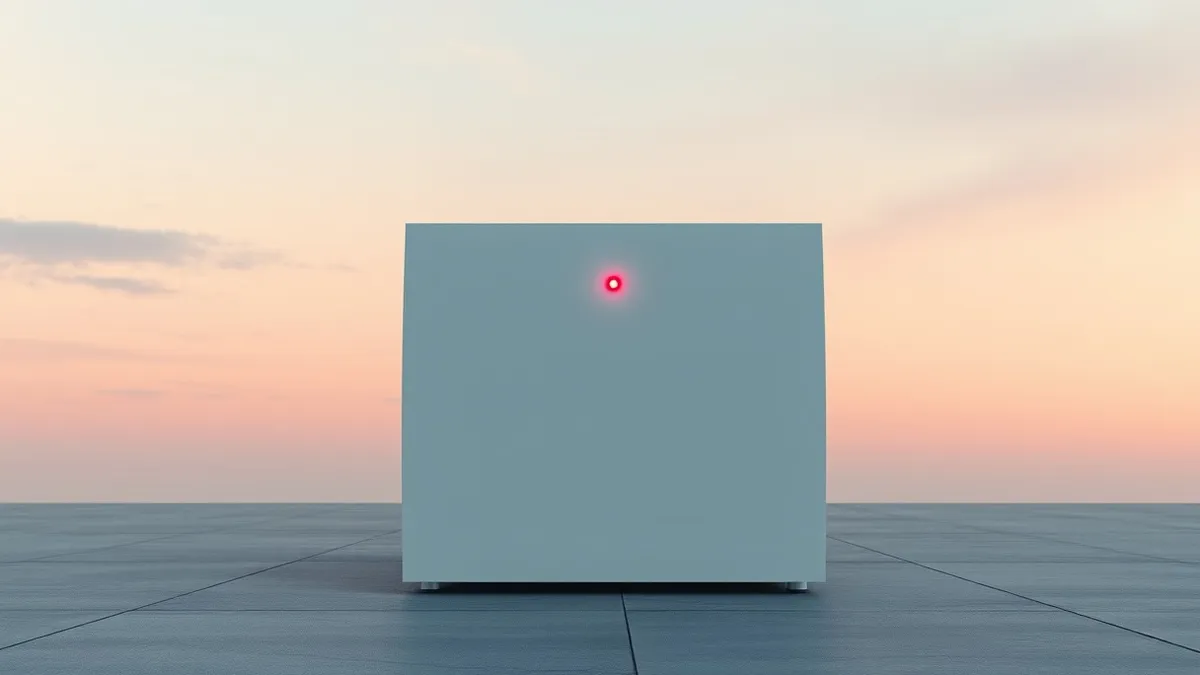 Illustration: A sleek white server appliance sits alone on a concrete floor, its blank front panel reflecting harsh overhead lights.