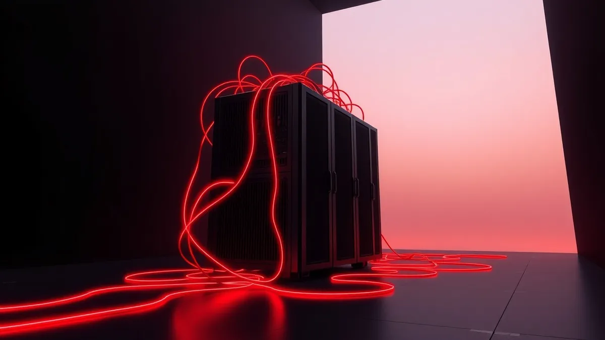 Illustration: A sleek black server unit sits isolated in a dark room.