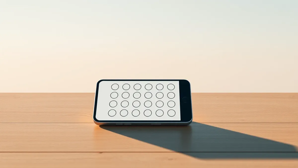 Illustration: A single smartphone rests on a wooden table, its screen displaying a stark white interface with dozens of identical abstract circular icons arranged in neat rows.