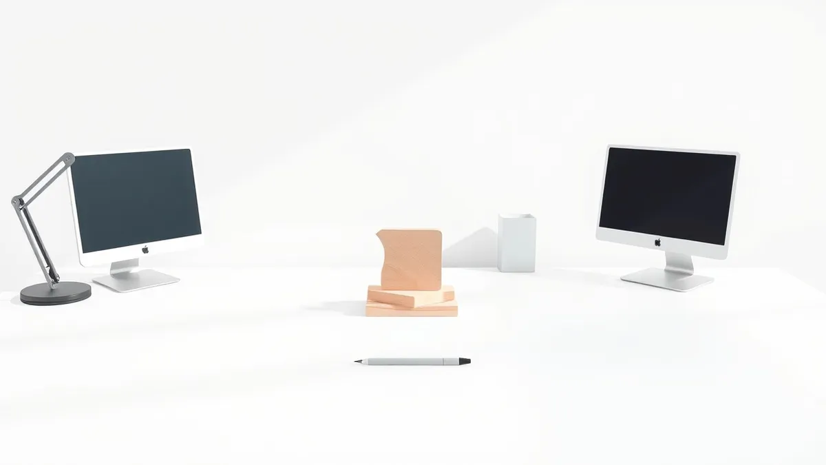 Illustration: A blank white studio desk holds a single stylus and a small wooden block bearing a simple, abstract geometric shape.