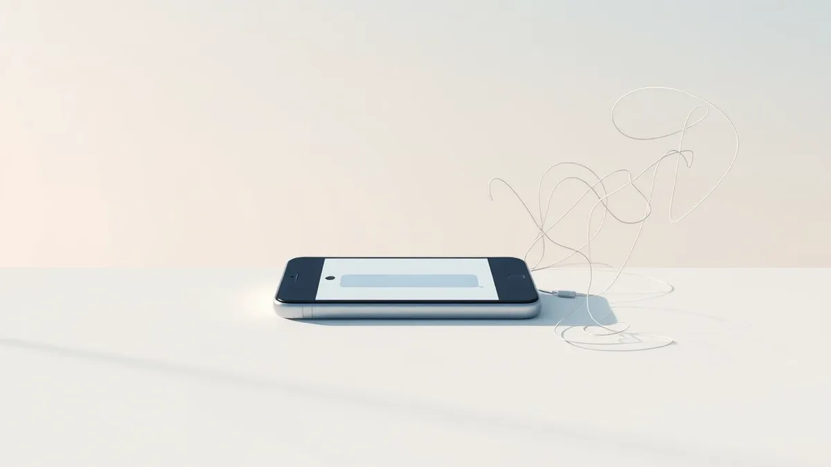 Illustration: A smartphone rests on a sleek white table, its screen displaying a generic chat application with blank message bubbles.