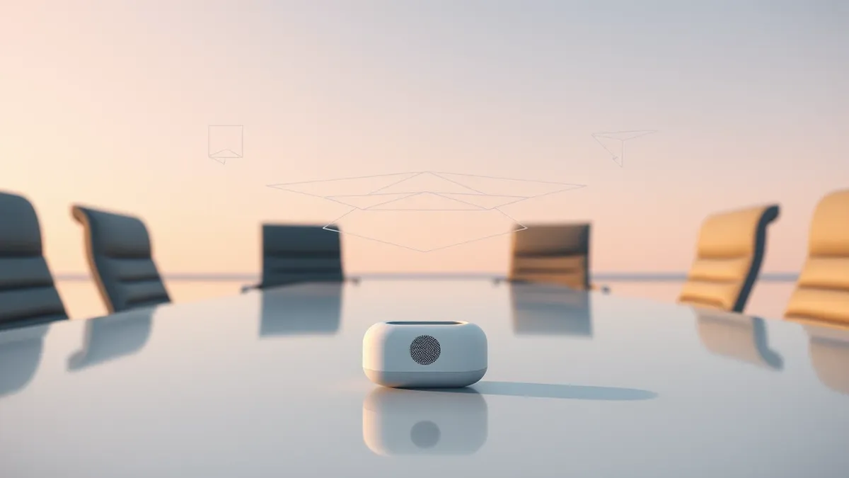 Illustration: A small white wearable device rests on a sleek conference table, its tiny microphone grille facing upward toward empty chairs.
