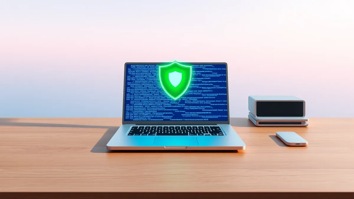 Illustration: A sleek silver laptop sits open on a minimalist wooden desk, its screen displaying a dense grid of abstract blue code blocks.