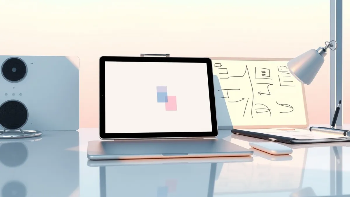 Illustration: A sleek silver tablet rests on a polished desk beside a whiteboard covered in abstract geometric shapes.