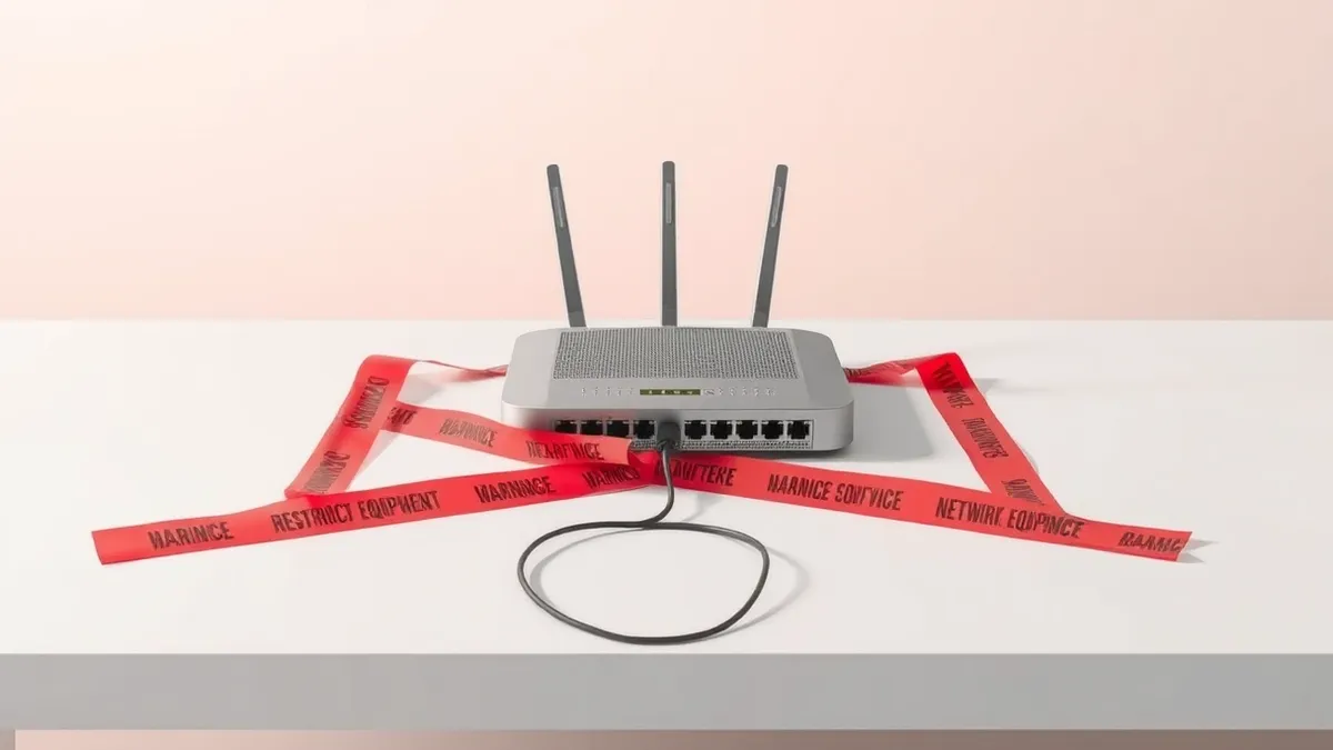 Illustration: A sleek silver router sits on a clean white desk with its power cord unplugged and dangling loosely on the floor.