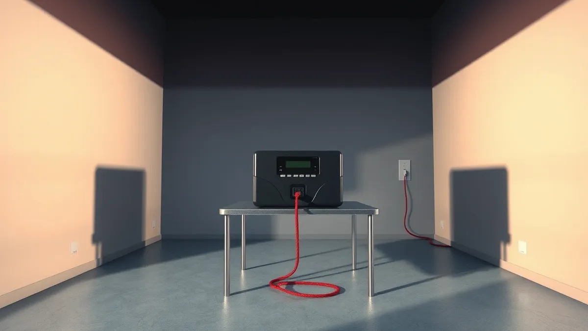 Illustration: A sealed black ballot scanning machine sits alone on a metal table in a dim room.