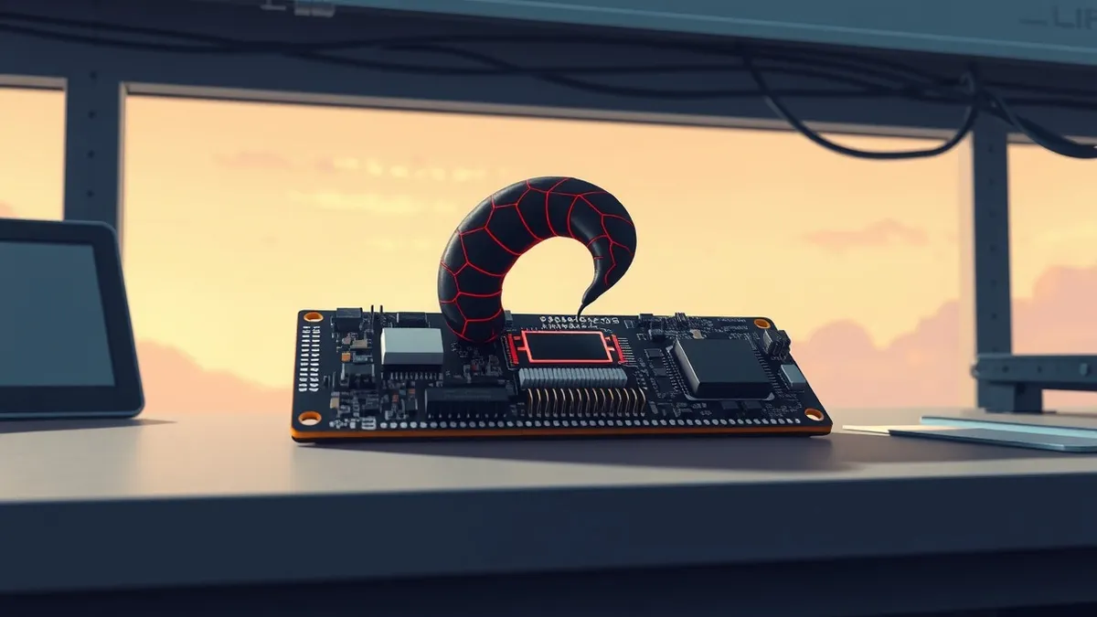 Illustration: A circuit board rests on a workbench, its black chips glowing with faint red veins.