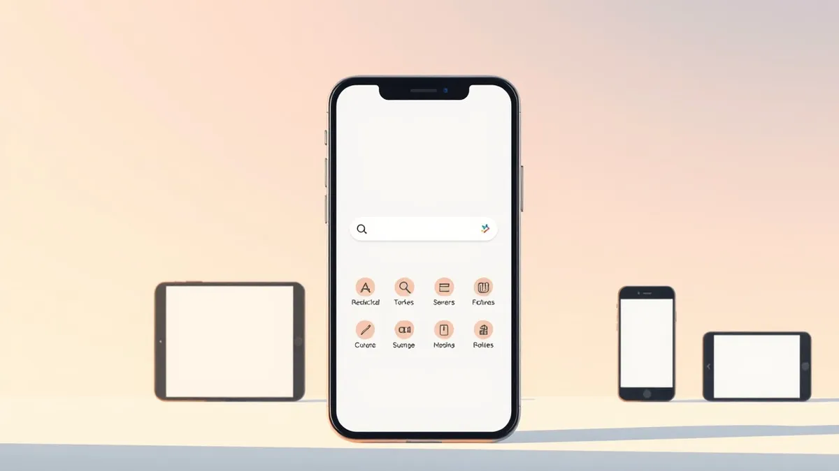 Illustration: A smartphone displays a simplified interface with a prominent, rounded search bar centered on the screen.