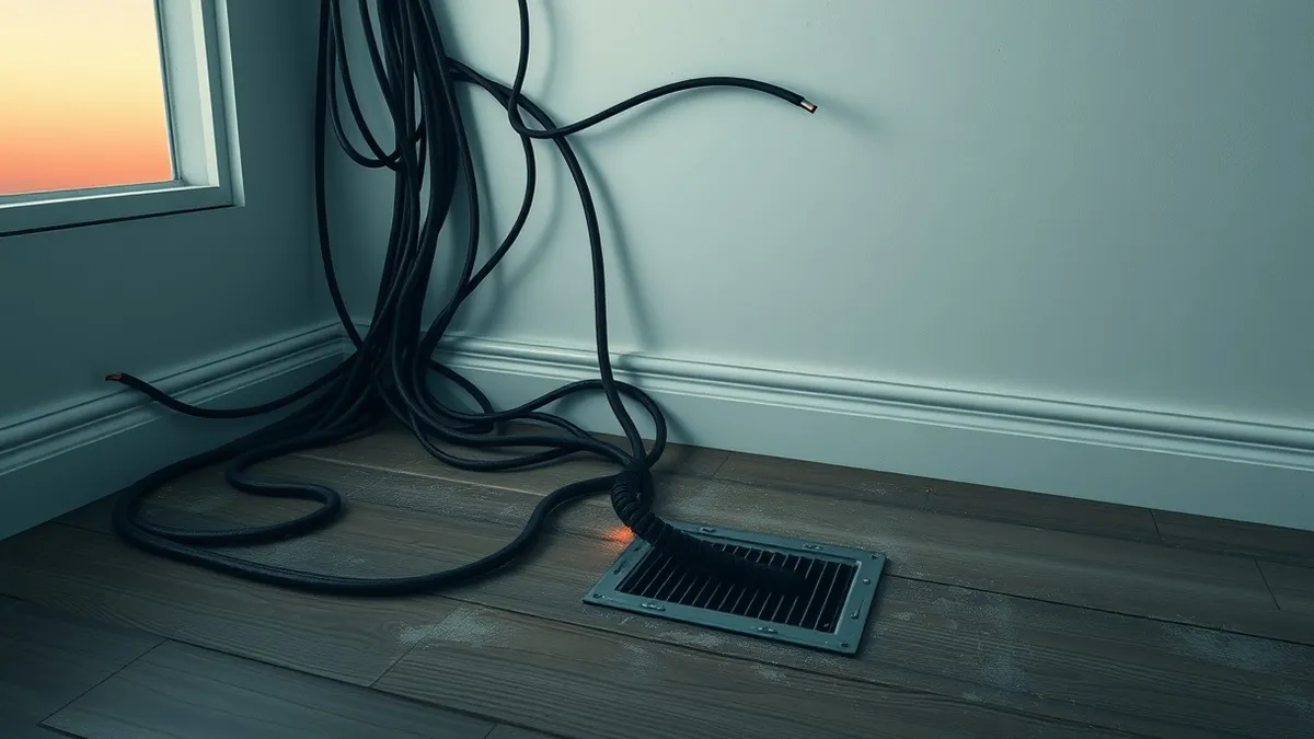 Illustration: A dark, tangled nest of thick, serpentine cables slithers across a dusty wooden floor, burrowing into the baseboard of a generic white wall.