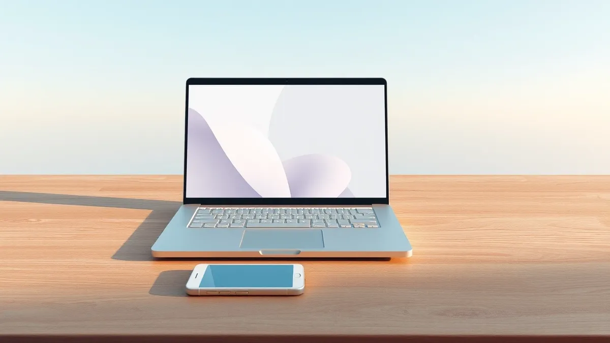 Illustration: A sleek silver laptop sits open on a wooden desk, its screen displaying a clean interface with soft geometric shapes.