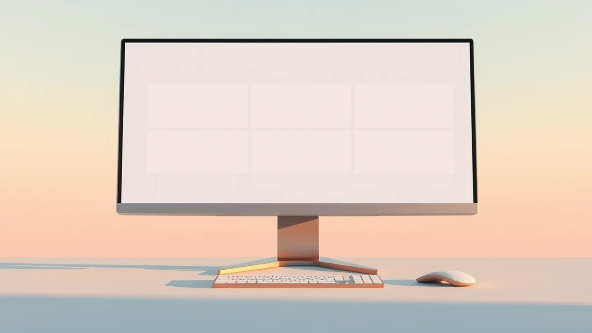Illustration: A sleek desktop monitor displays a single clean interface with multiple empty abstract panels arranged in a grid.