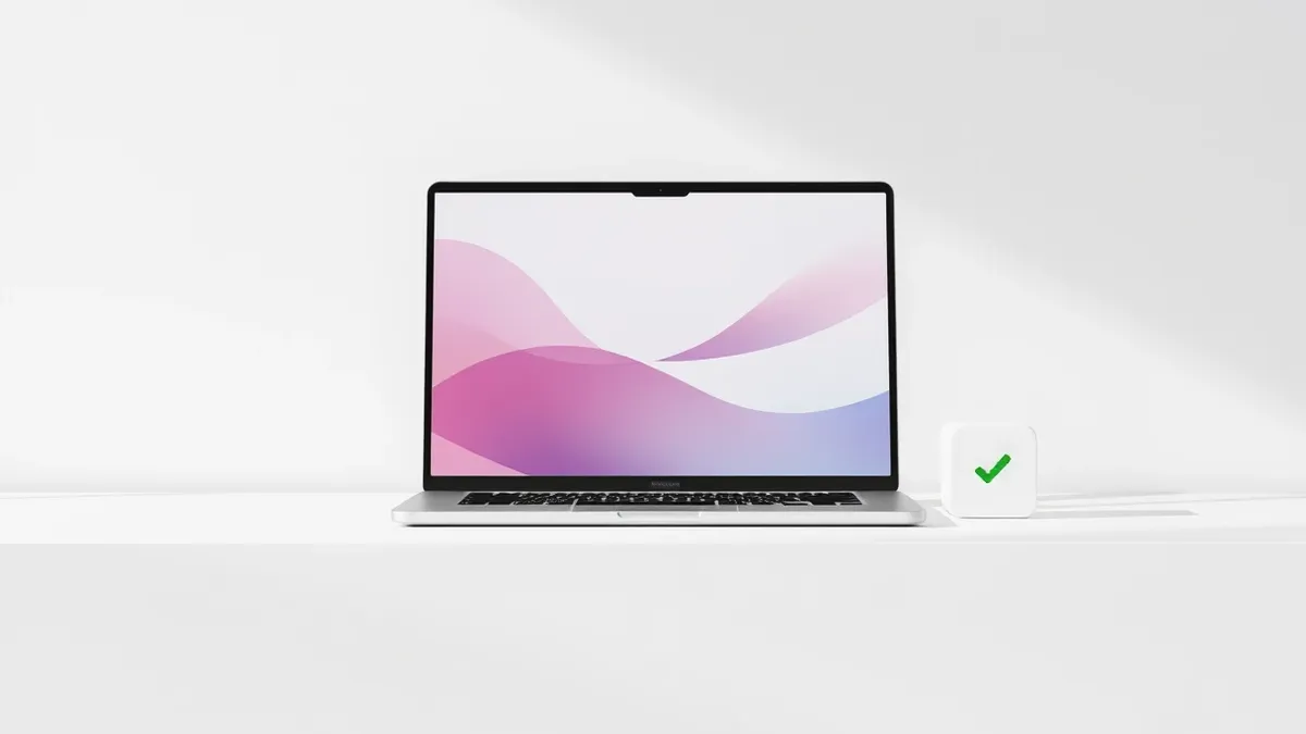Illustration: A sleek silver laptop rests on a clean white desk, its screen displaying soft, abstract color gradients.