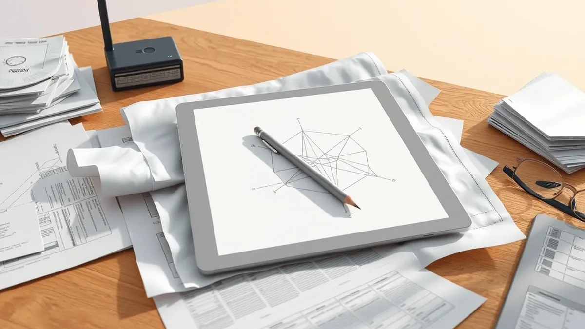 Illustration: A blank white architectural blueprint lies crumpled on a cluttered wooden desk, partially covered by a sleek, smooth gray tablet displaying a single abstract geometri