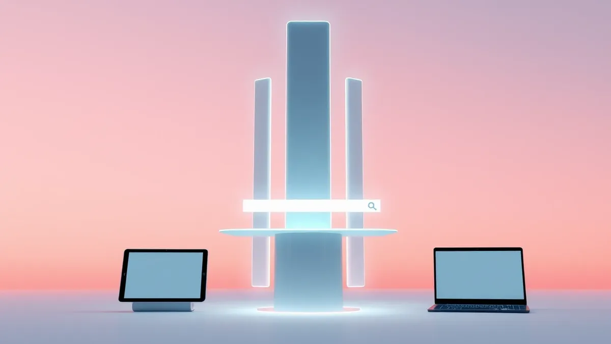 Illustration: A sleek, abstract search interface floats in a clean digital void.