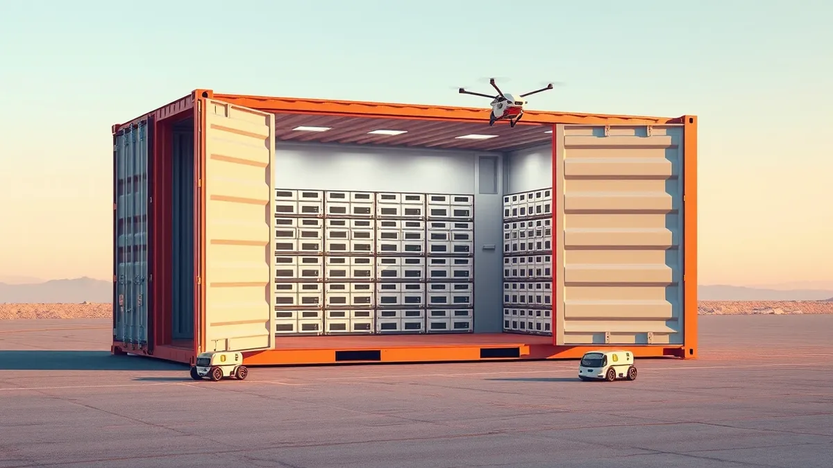 Illustration: A sealed shipping container sits on a paved lot with its side panel open to reveal rows of blank server racks and cooling fans.
