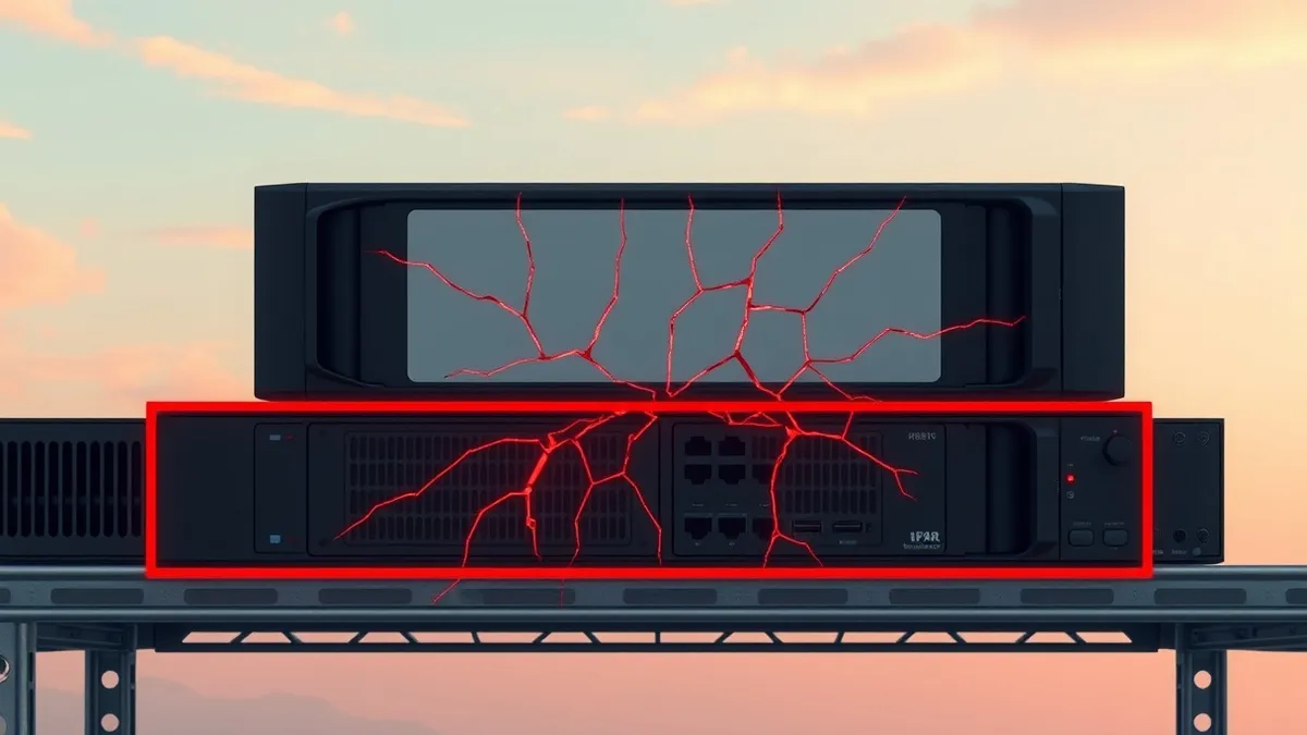 Illustration: A sleek black network appliance sits on a metal shelf with blank front panels and small indicator lights.