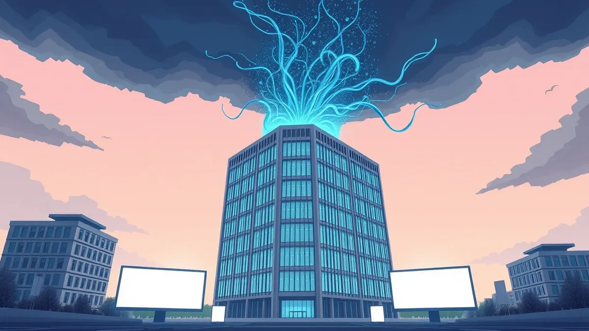 Illustration: A sleek, modern government building in Tokyo stands under a stormy sky while glowing blue data streams erupt from its windows and spiral into the air, representing th