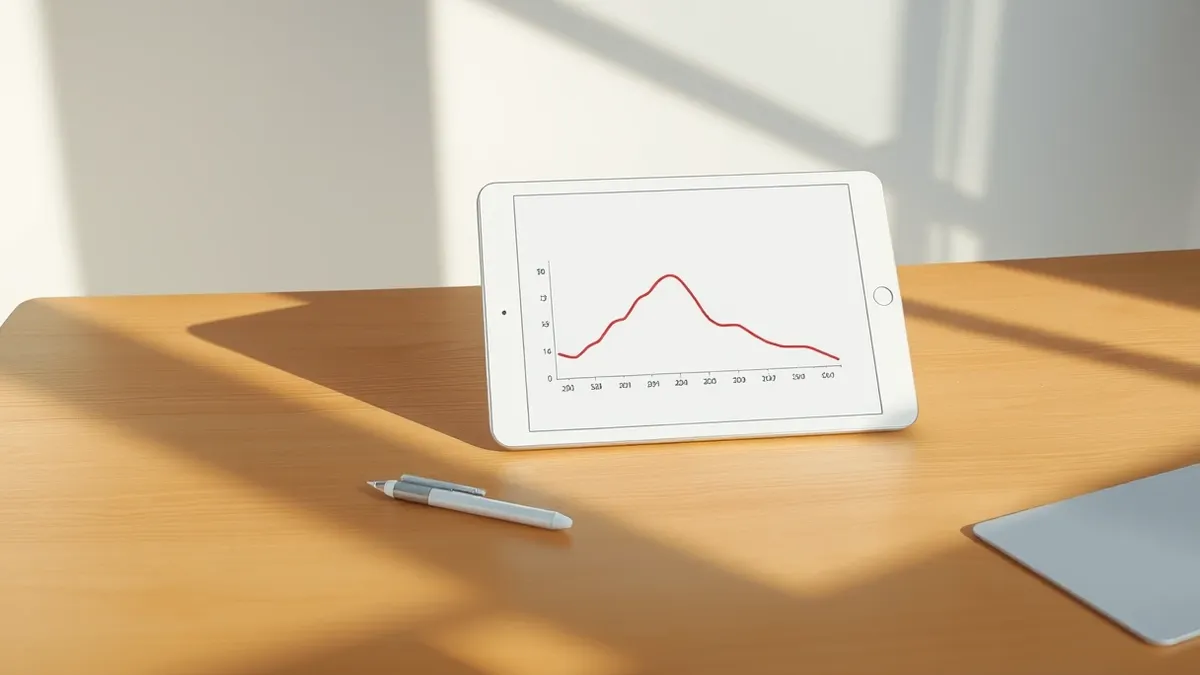 Illustration: A sleek white tablet rests on a wooden desk, its screen displaying a minimalist line chart with a steep red downward slope.