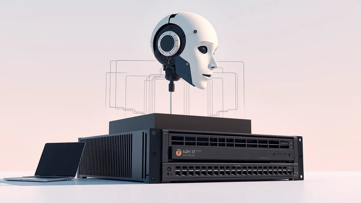 Illustration: A sleek artificial intelligence robot head floats above a sturdy black hardware security module.