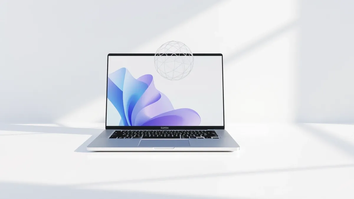 Illustration: A sleek silver laptop sits open on a clean white desk, its screen displaying a soft gradient of blue and purple abstract shapes that suggest digital processing.