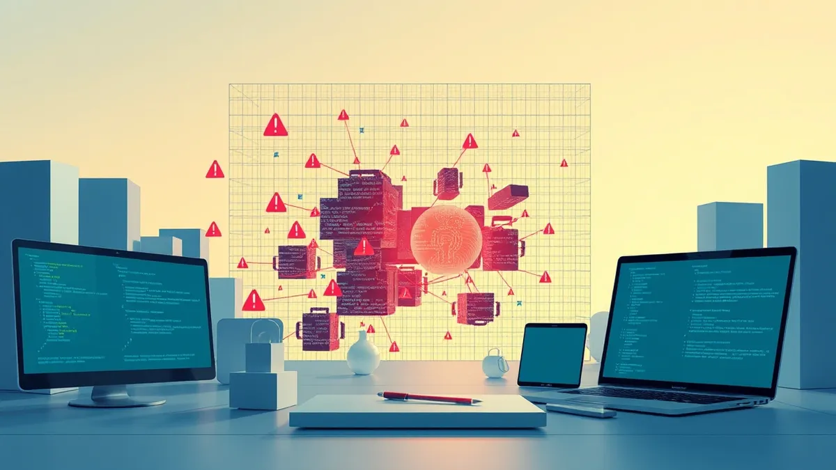 Illustration: A transparent digital mesh envelops fragmented code blocks, pulling them into a single cohesive structure.