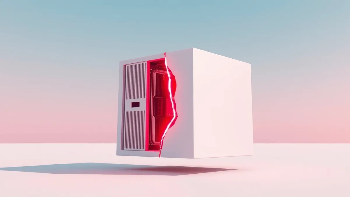 Illustration: A sleek, white virtual machine server block floats in a clean digital void.